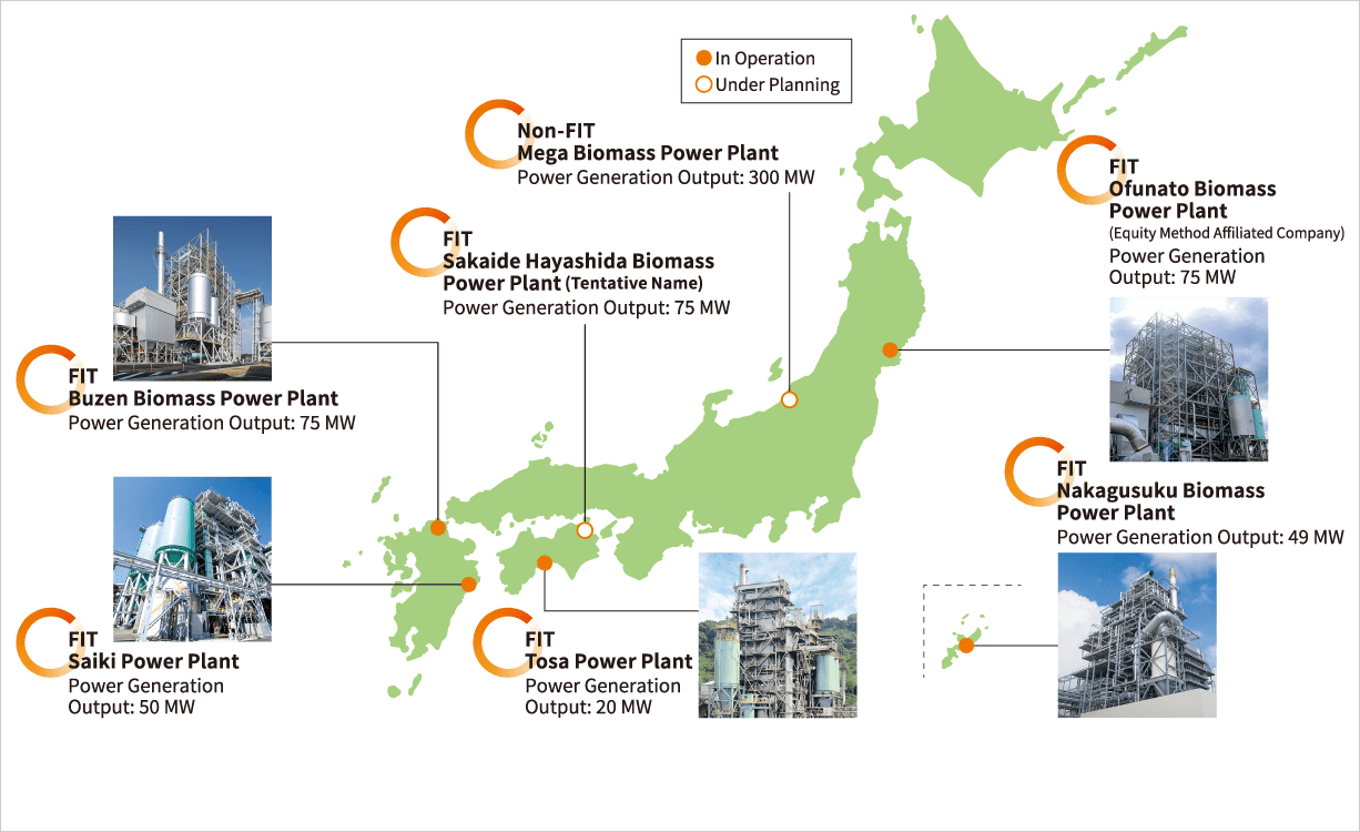image:Operation of Seven Biomass Power Plants in Japan with a Total Output of Approximately 650 MW (*Including Plans)