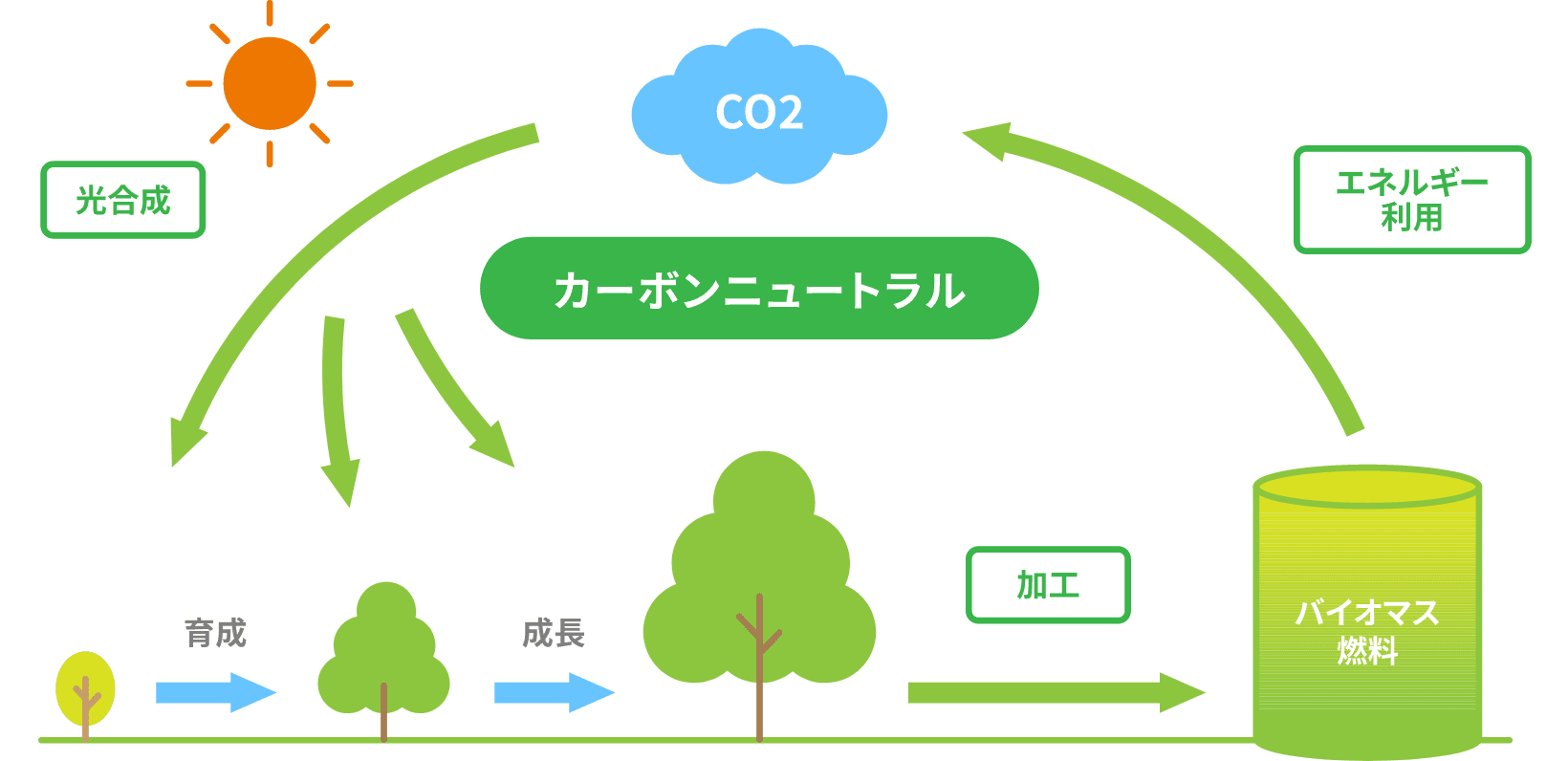 イメージ:バイオマス発電で地球温暖化防止と脱炭素社会の実現に貢献